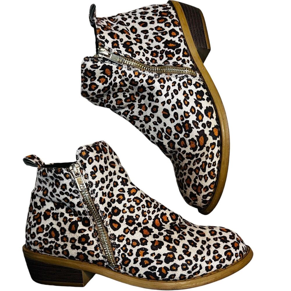 Women's Leopard Chunky Heels Ankle Boots Booties Round Toe Retro Party Shoe 7.5 - Picture 3 of 14